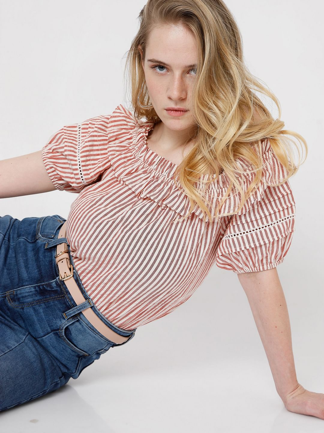 Orange Striped Off-Shoulder Top