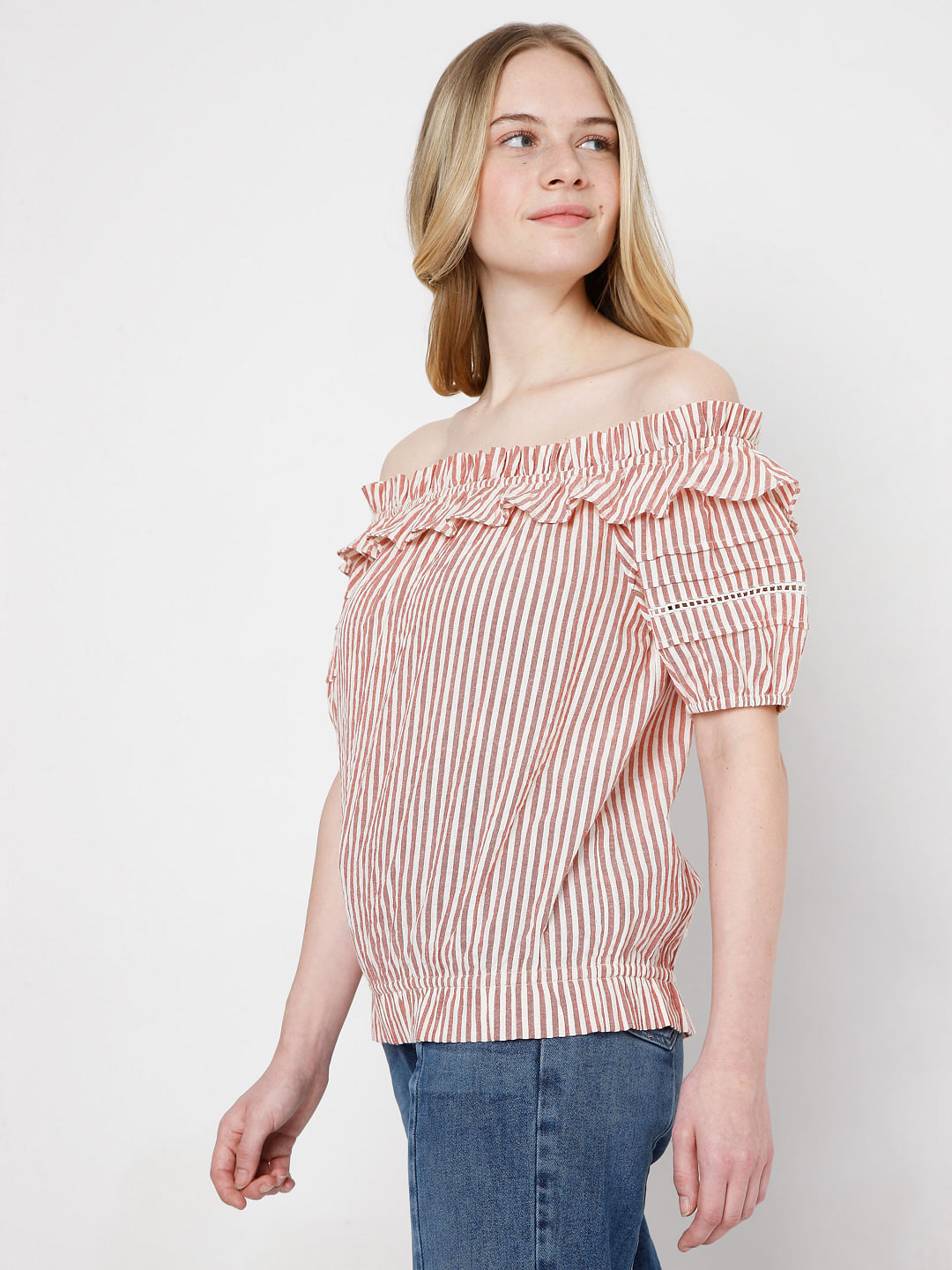 Orange Striped Off-Shoulder Top