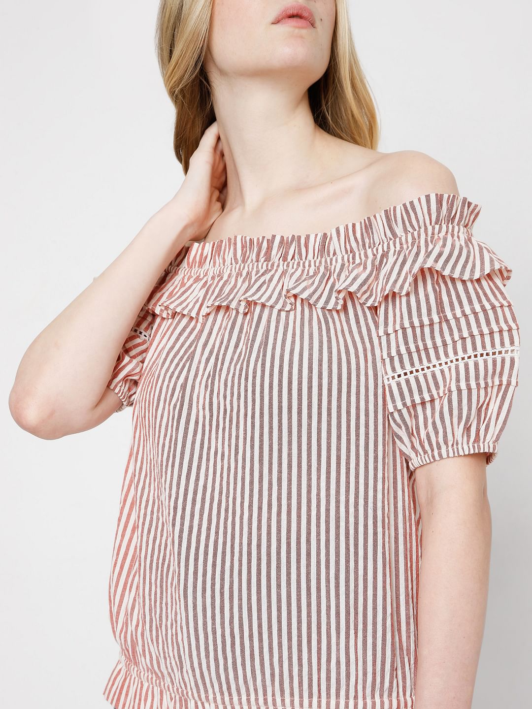 Orange Striped Off-Shoulder Top