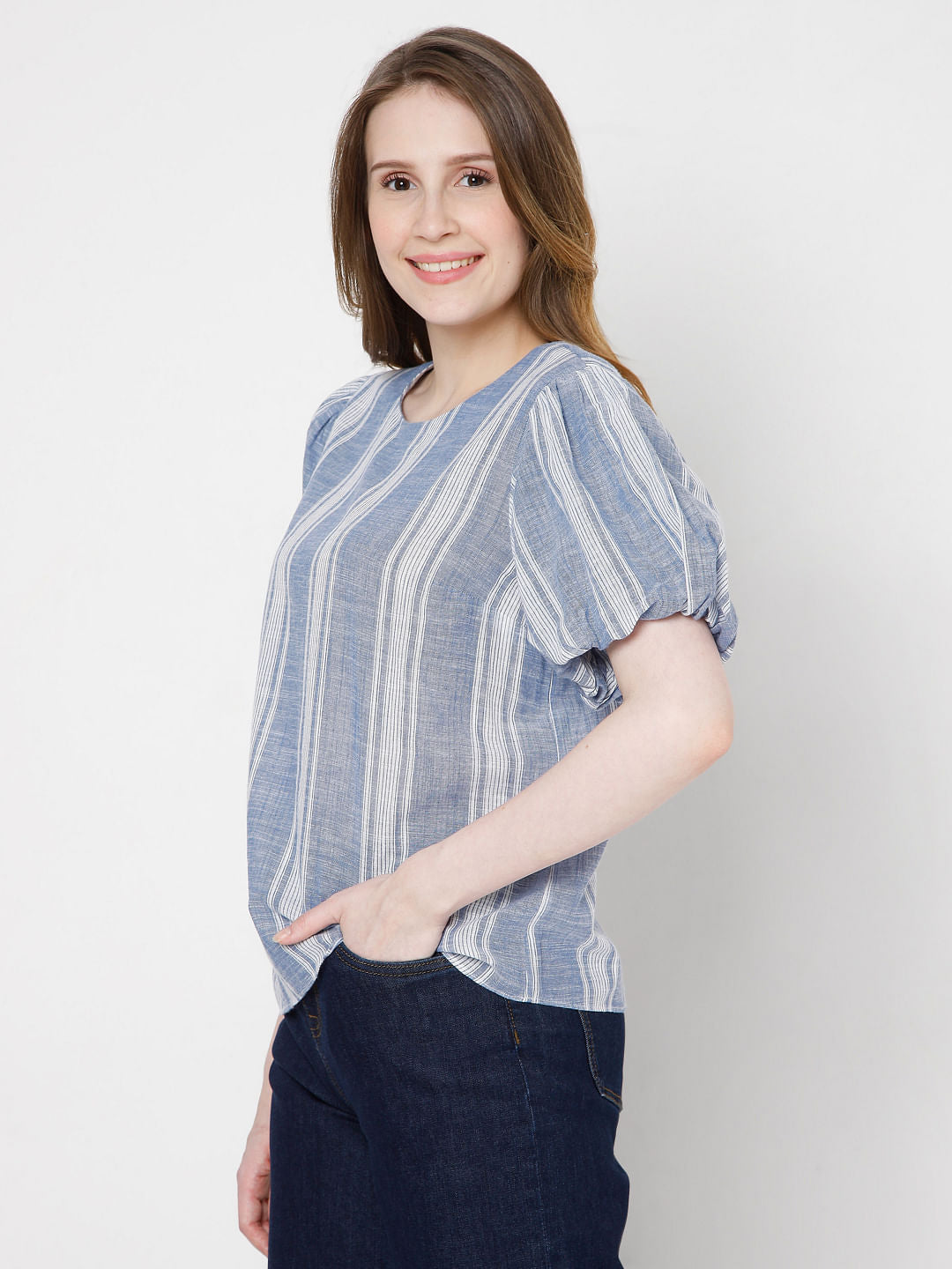 Blue Striped Puff Sleeves Top