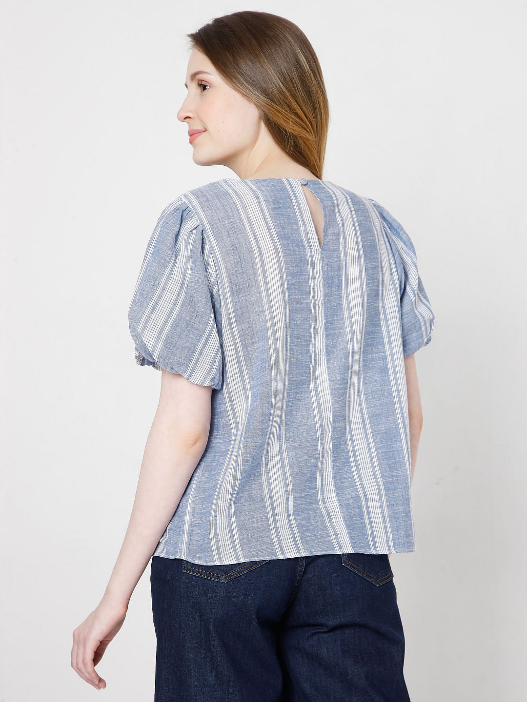 Blue Striped Puff Sleeves Top