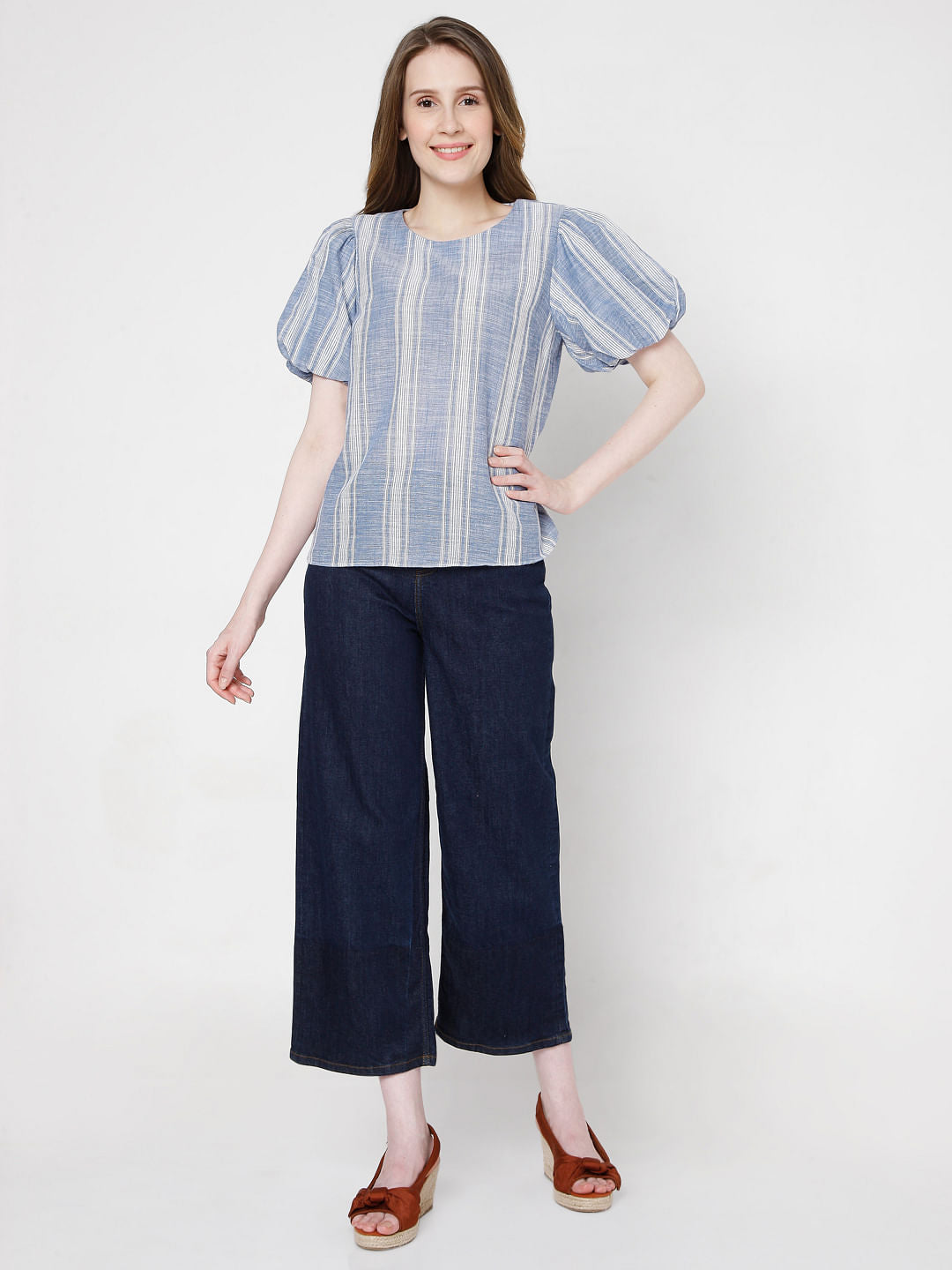 Blue Striped Puff Sleeves Top