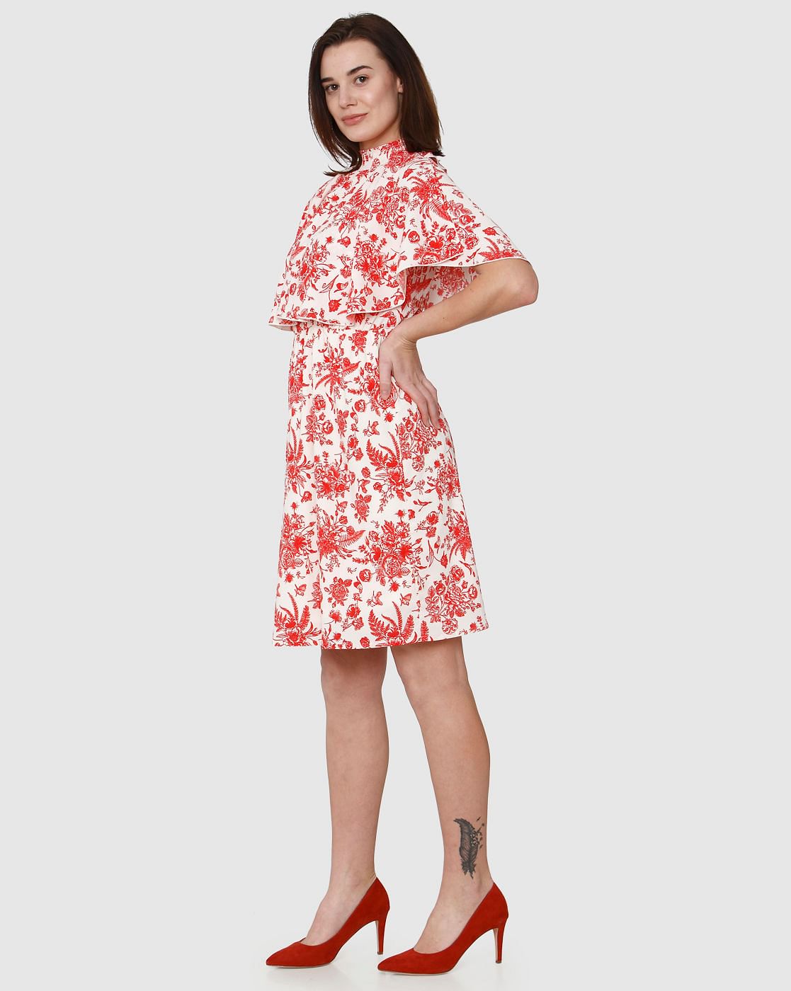 White All Over Floral Print Cape Detail Fit & Flare Dress