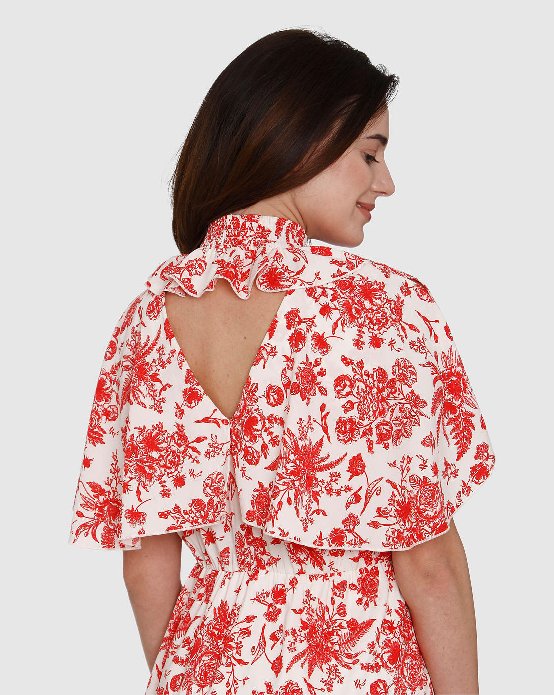 White All Over Floral Print Cape Detail Fit & Flare Dress
