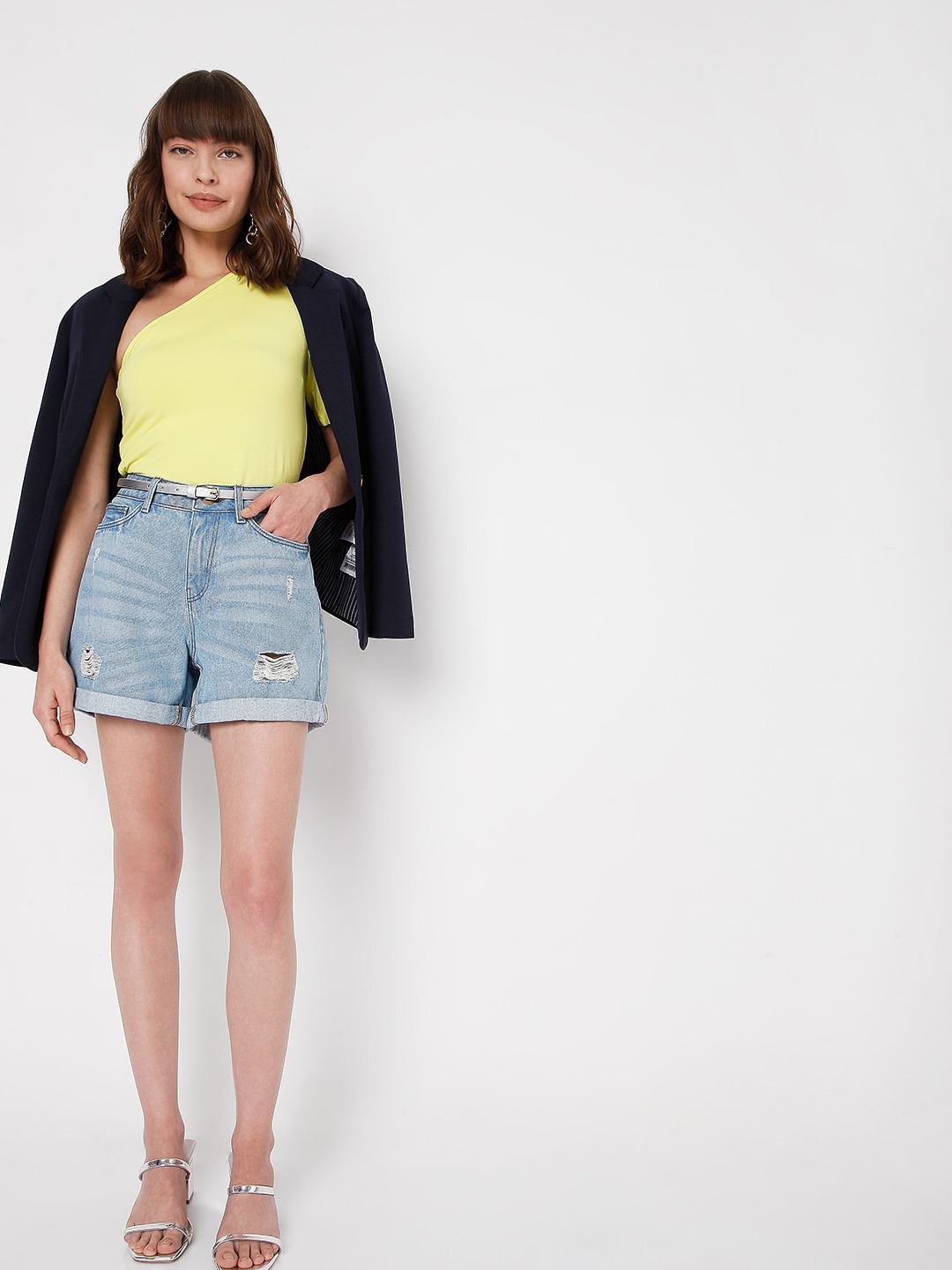 Light Blue Mid Rise Ripped Shorts