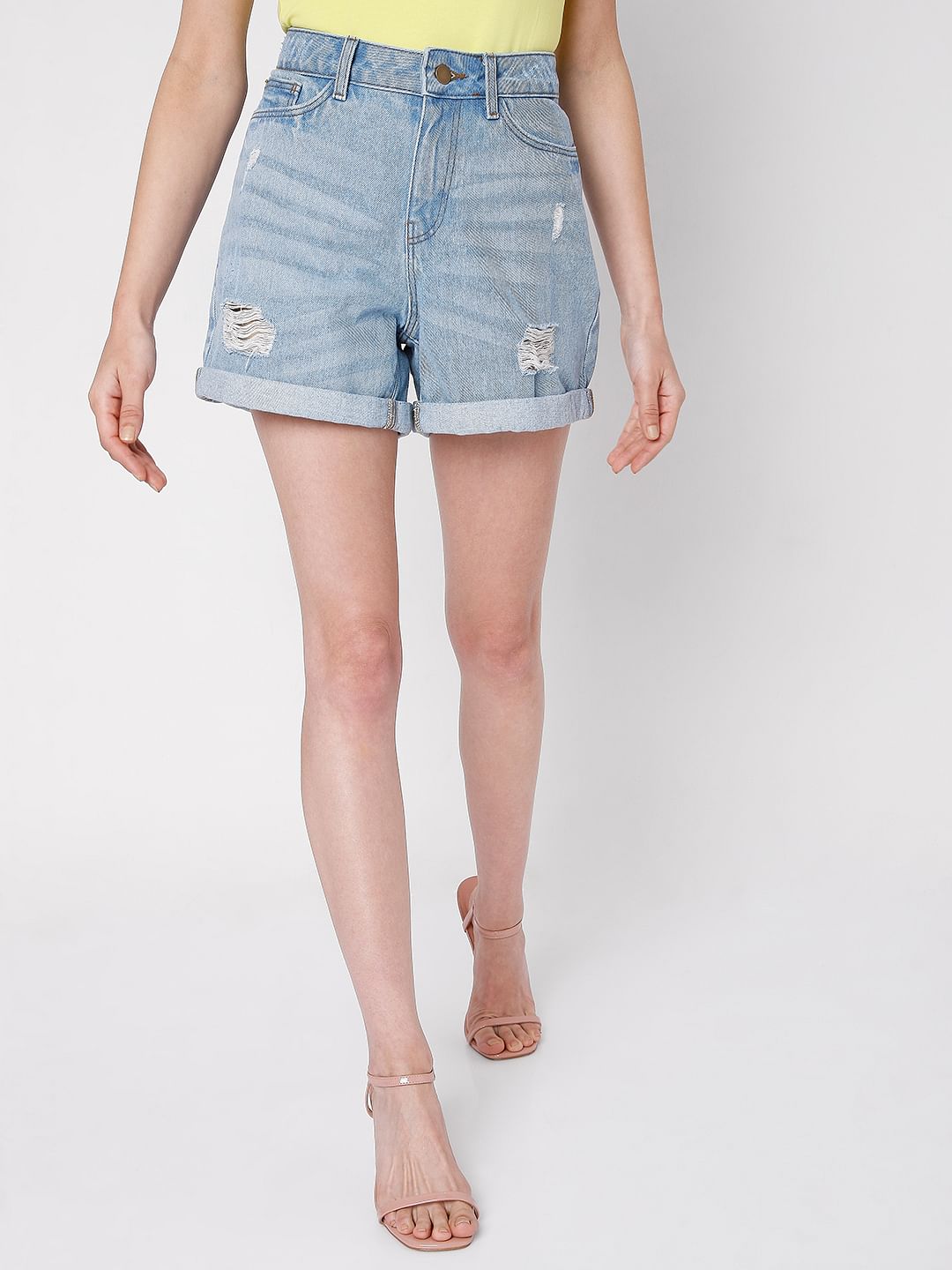 Light Blue Mid Rise Ripped Shorts
