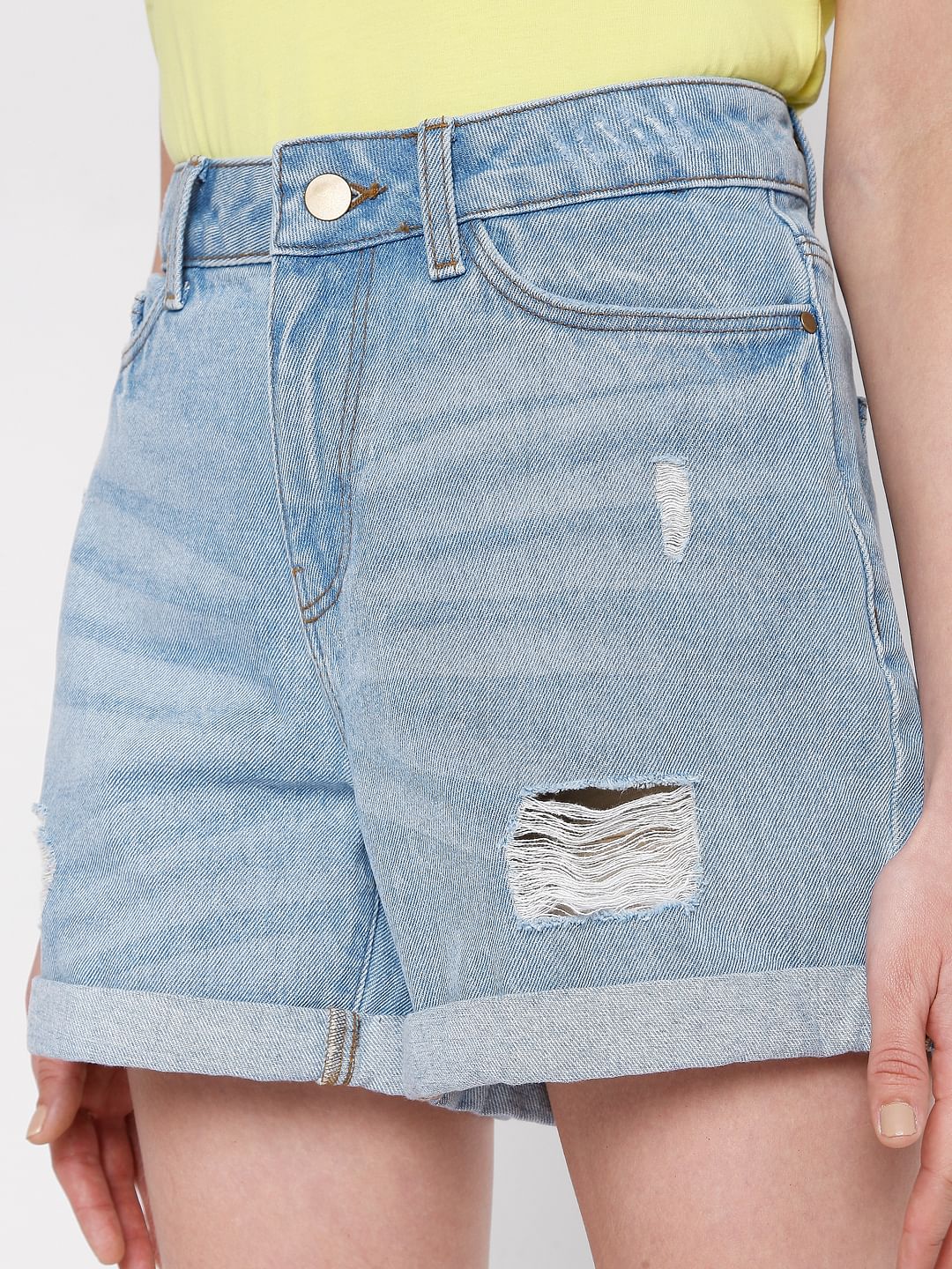 Light Blue Mid Rise Ripped Shorts