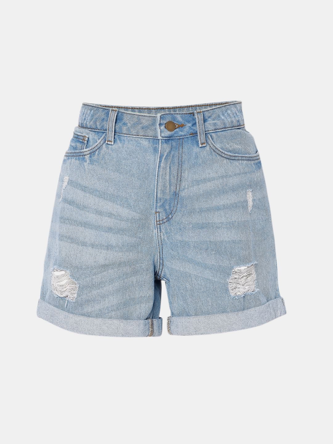 Light Blue Mid Rise Ripped Shorts