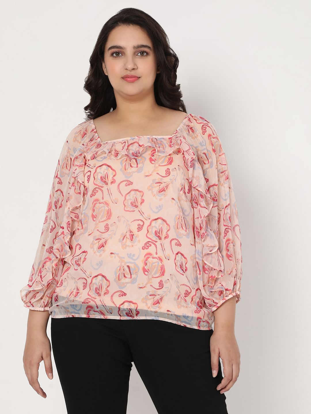 Curve Pink Floral Sheer Top