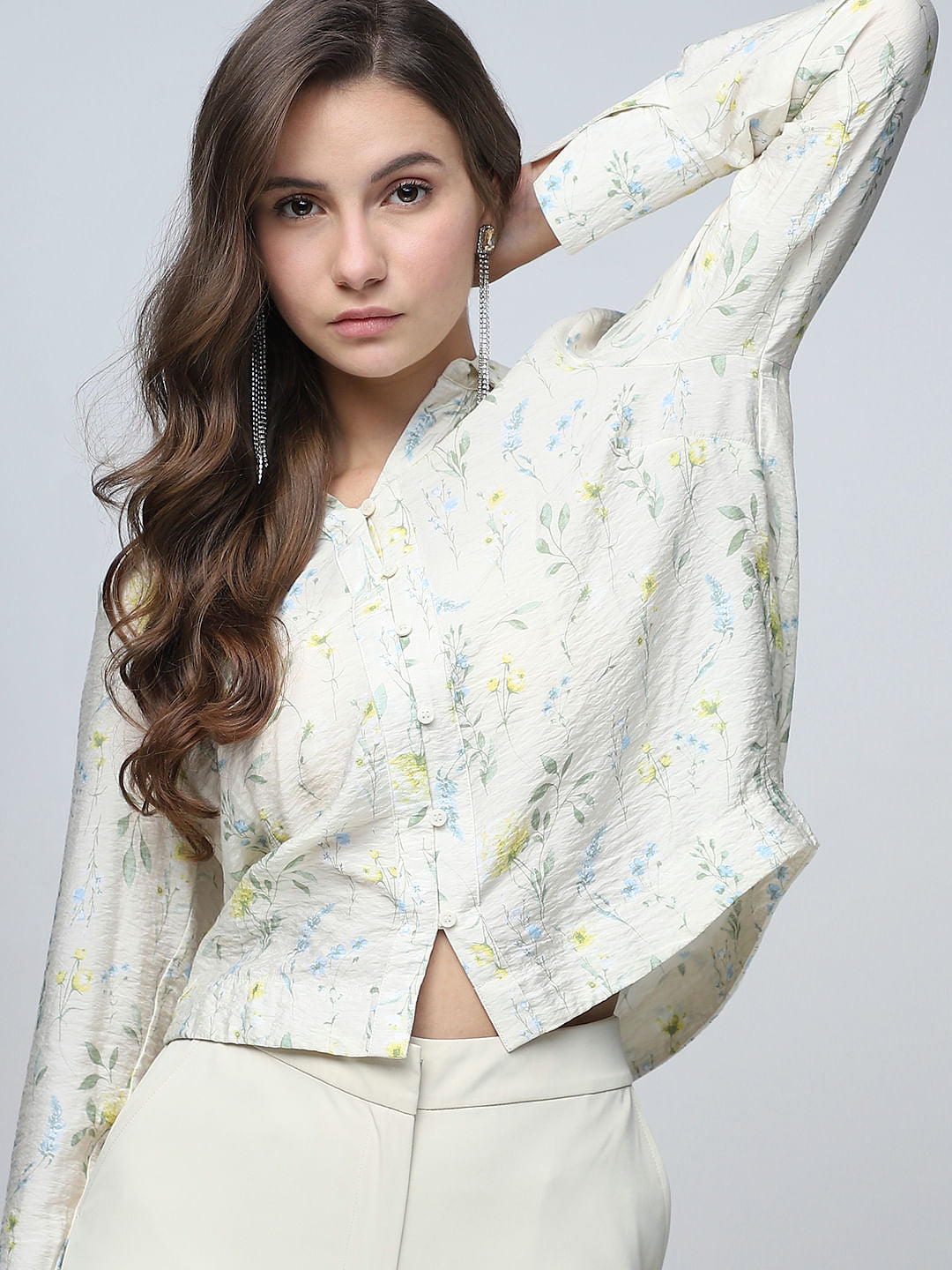 Light Cream Printed Cropped Shirt