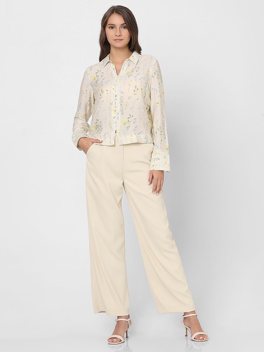Light Cream Printed Cropped Shirt
