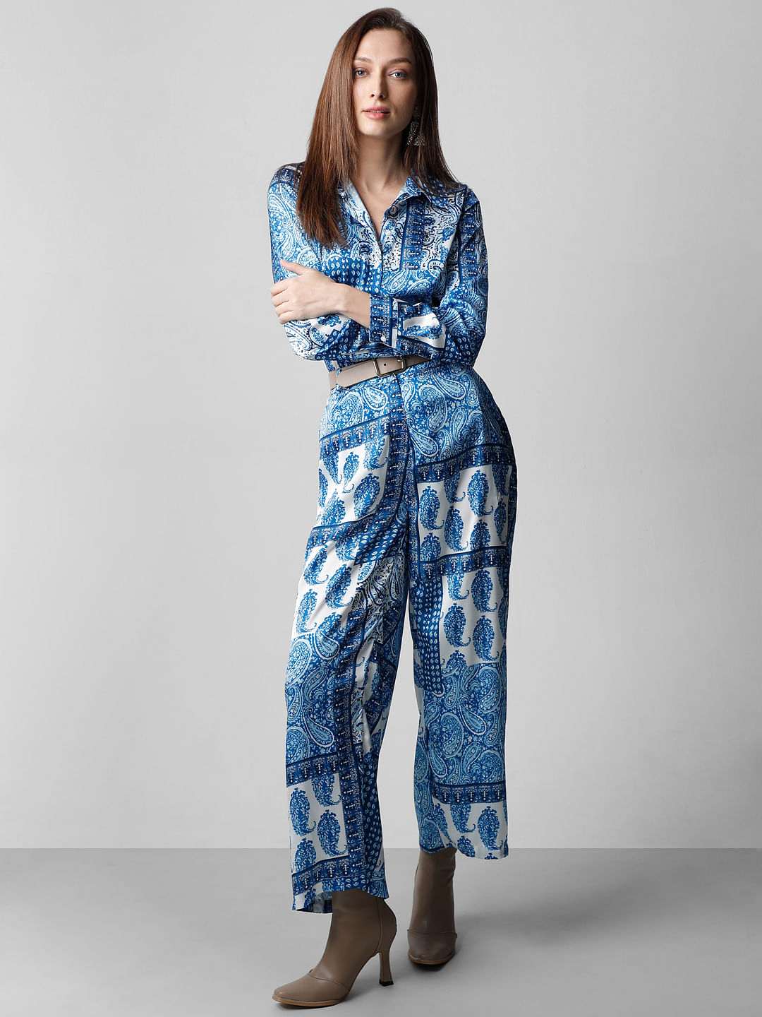 Blue High Rise Printed Pants