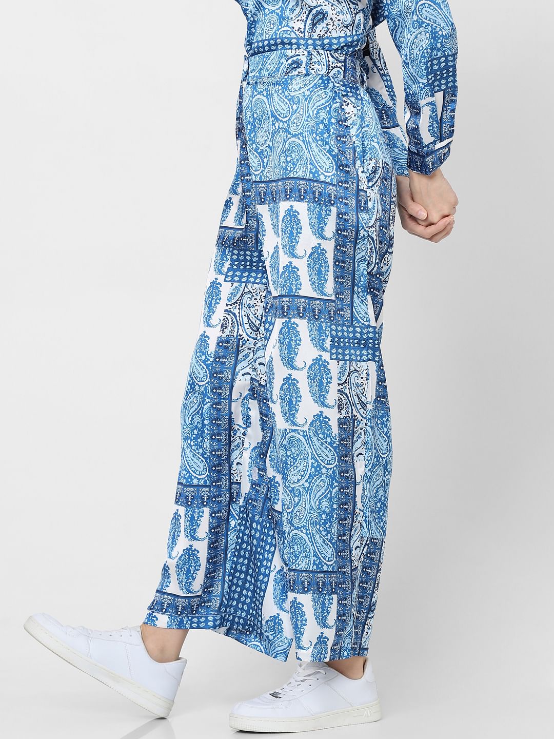 Blue High Rise Printed Pants