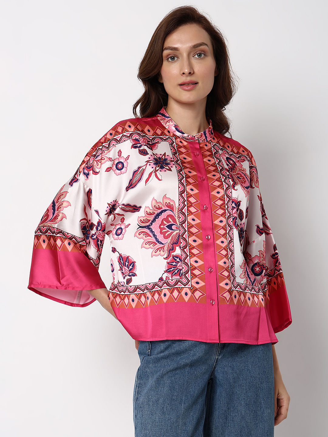 Red Printed Flared Sleeves Top