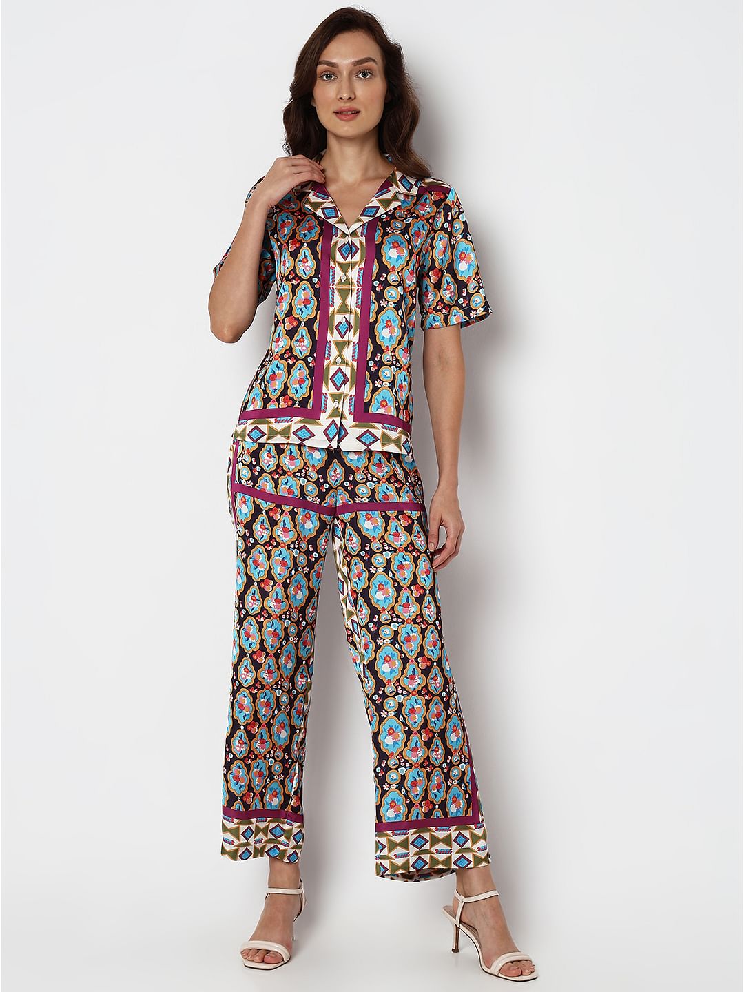 Purple Abstract Print Satin Shirt