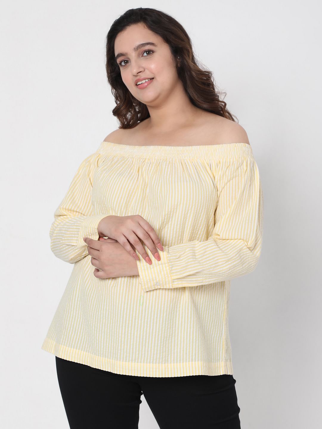Curve Yellow Off Shoulder Striped Top