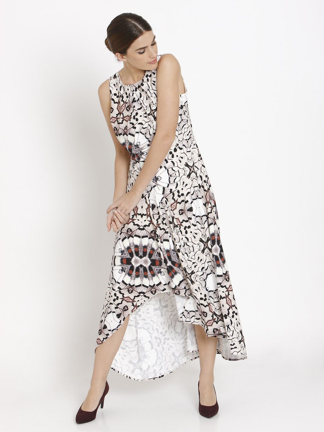 White Abstract Print Asymmetric Maxi Dress