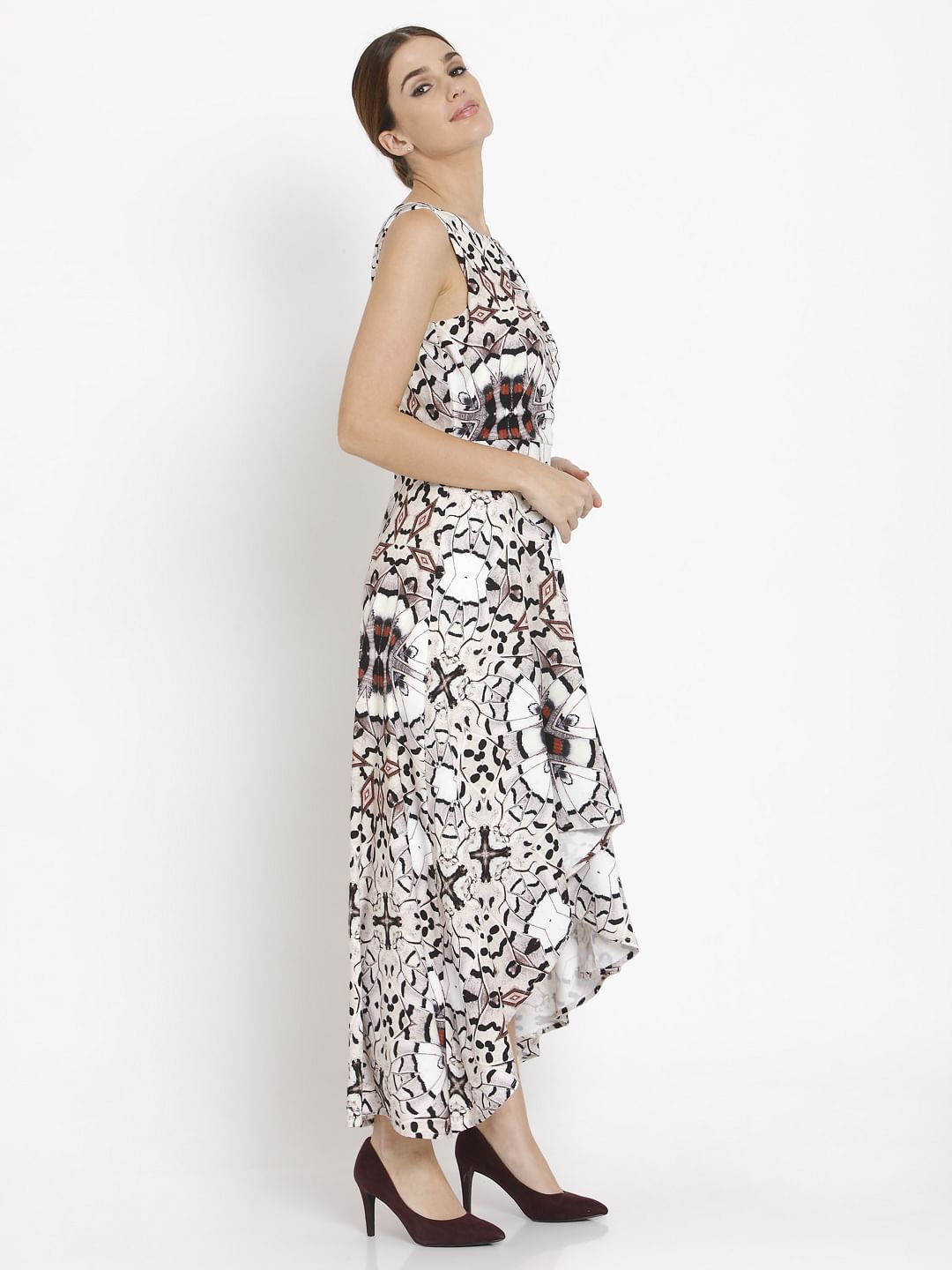 White Abstract Print Asymmetric Maxi Dress