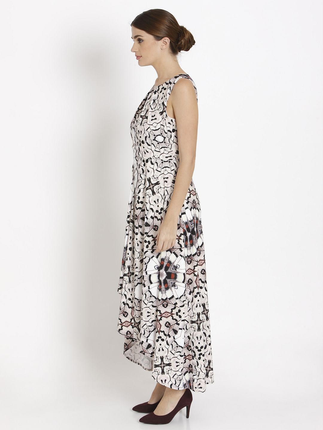 White Abstract Print Asymmetric Maxi Dress