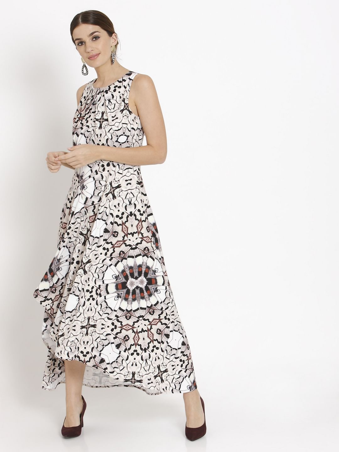 White Abstract Print Asymmetric Maxi Dress