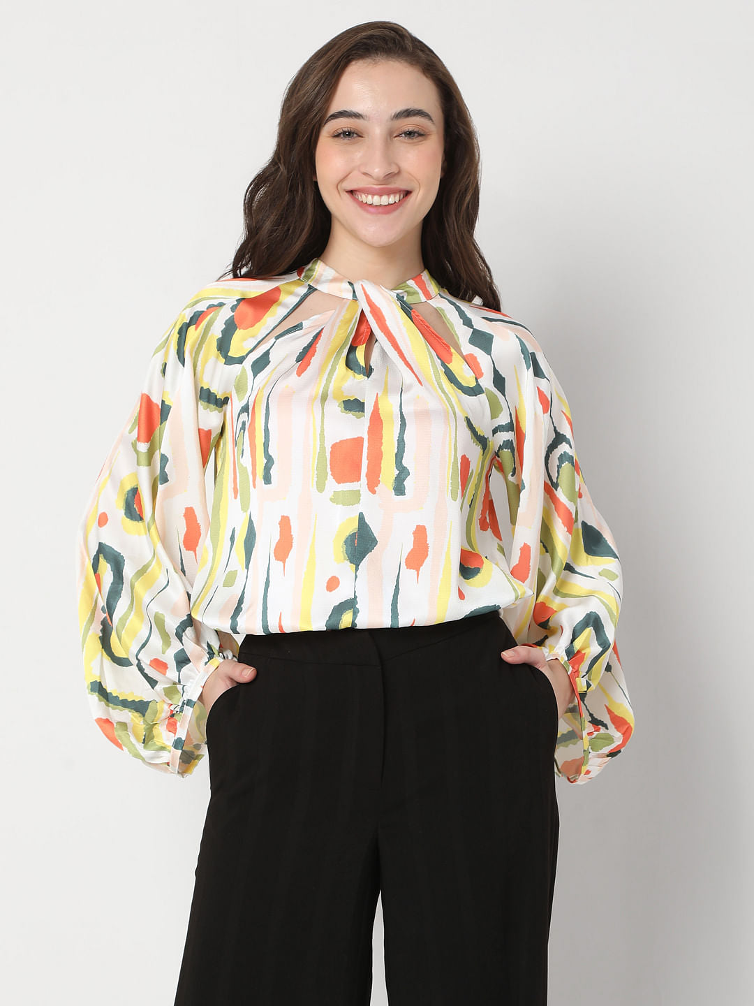 White Abstract Print Top