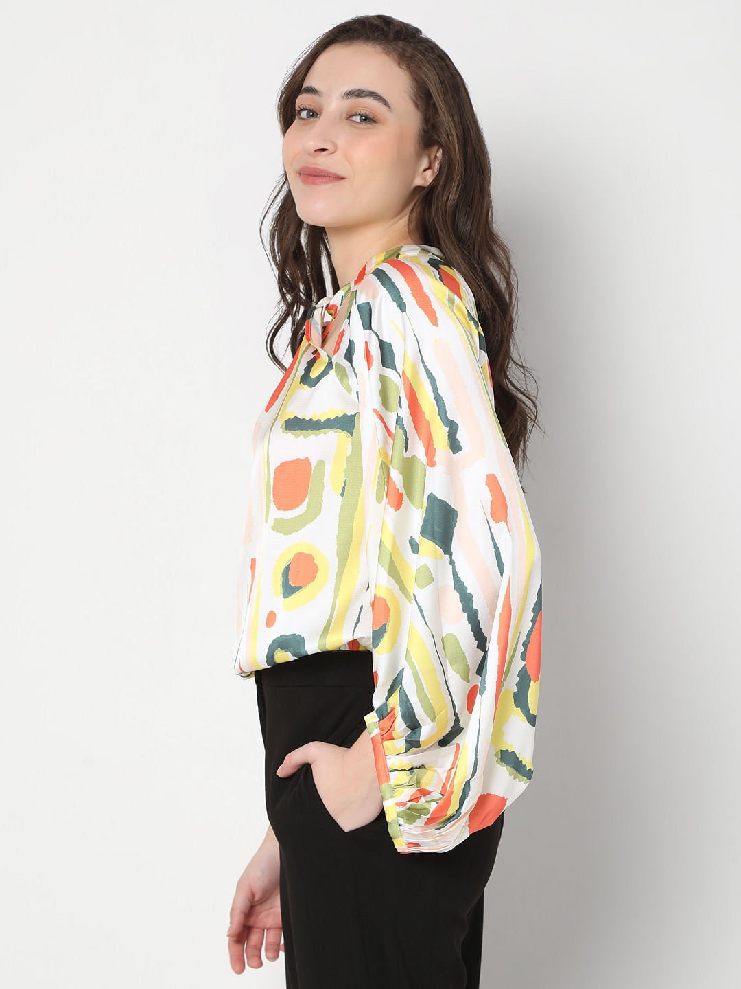 White Abstract Print Top