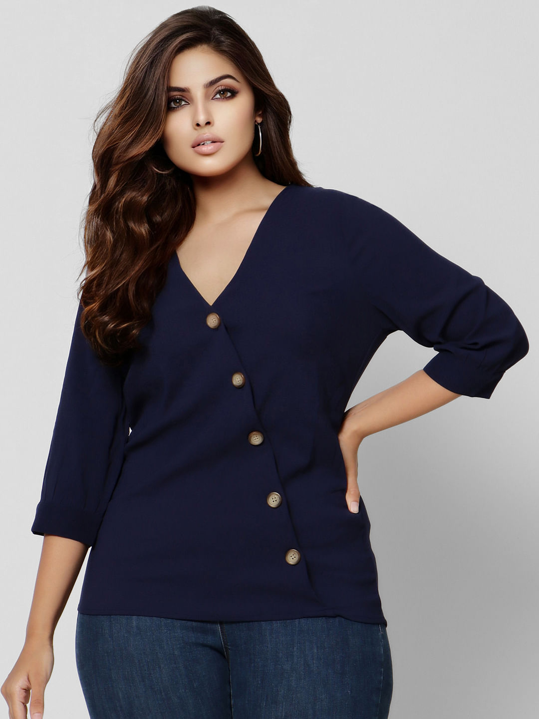 Curve Blue V Neck Top