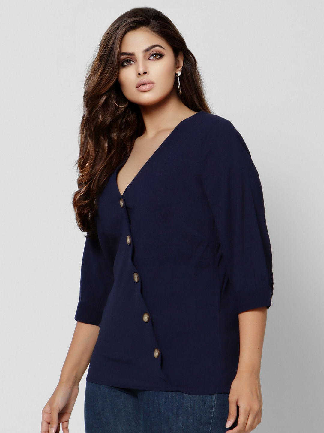 Curve Blue V Neck Top