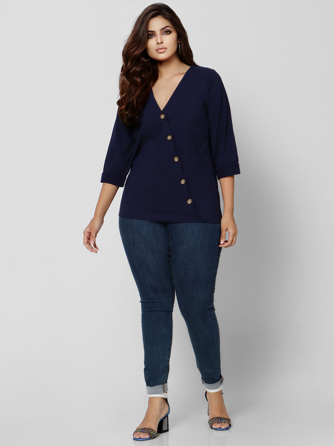 Curve Blue V Neck Top