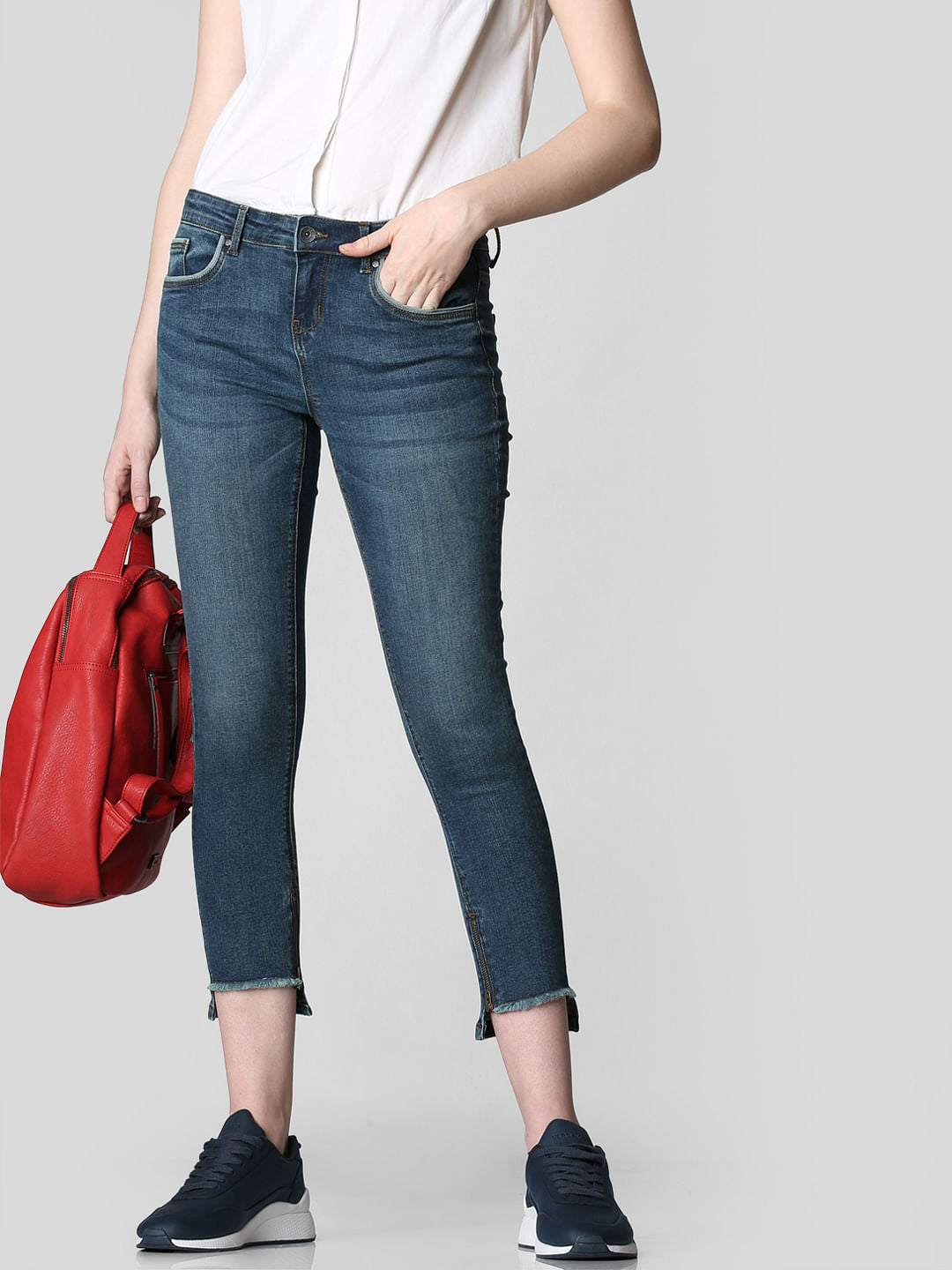 Blue Mid Rise Frayed Hem Skinny Jeans