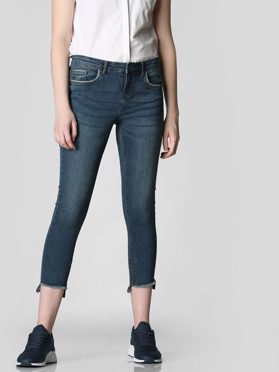 Blue Mid Rise Frayed Hem Skinny Jeans
