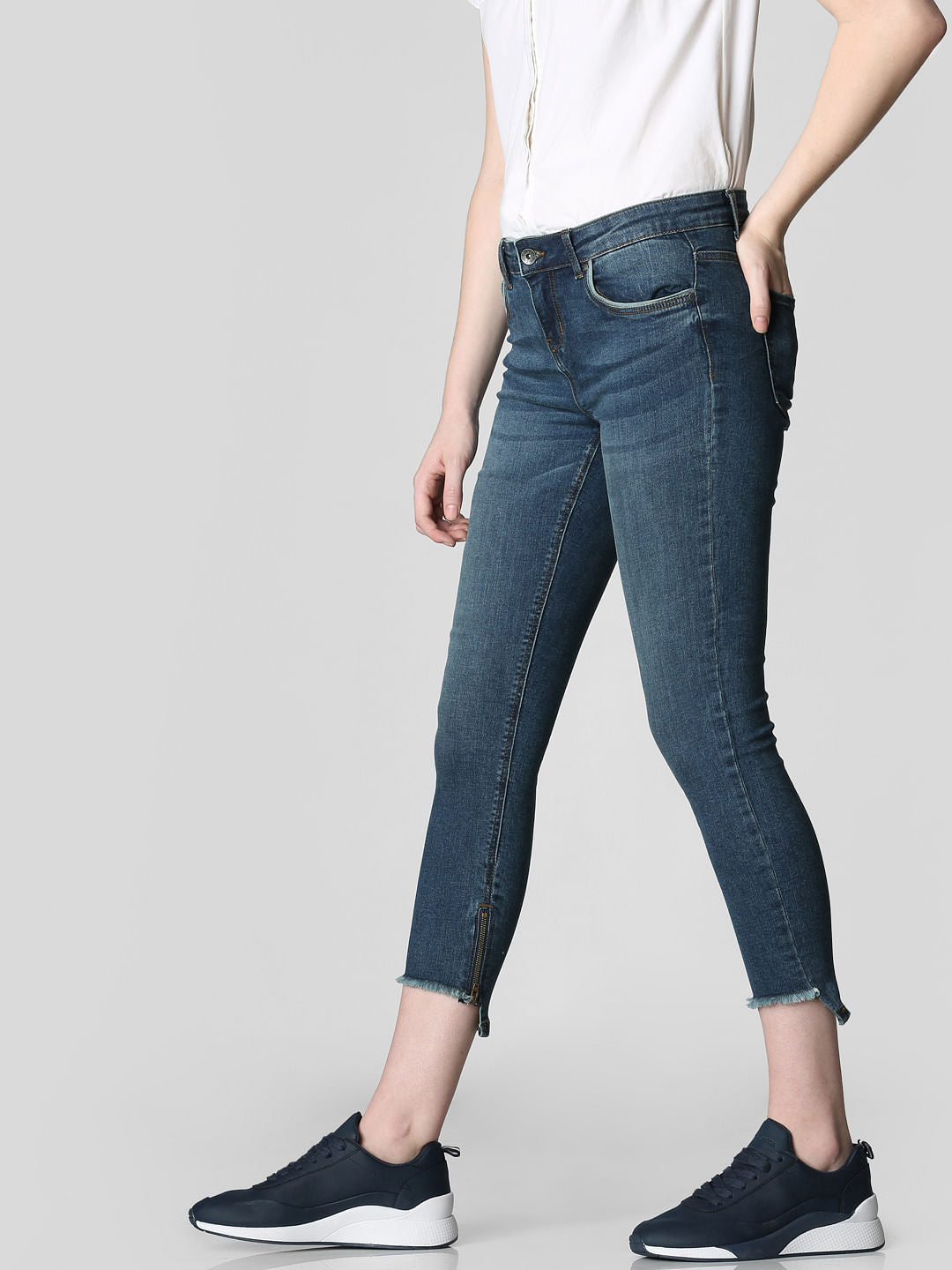 Blue Mid Rise Frayed Hem Skinny Jeans