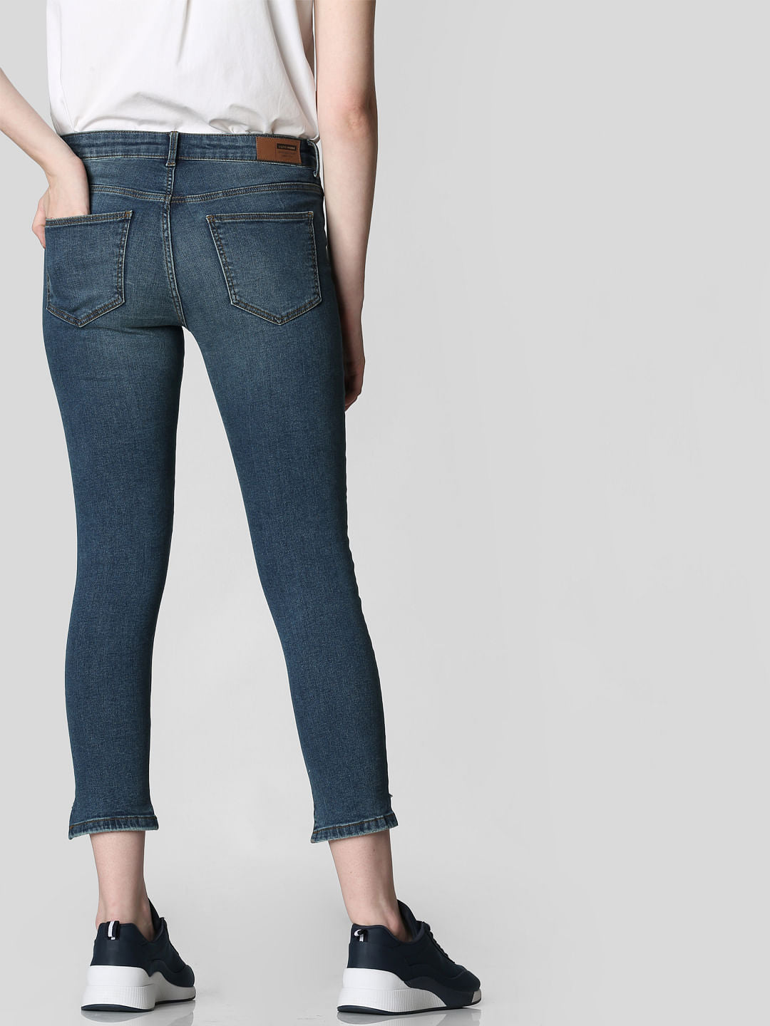 Blue Mid Rise Frayed Hem Skinny Jeans