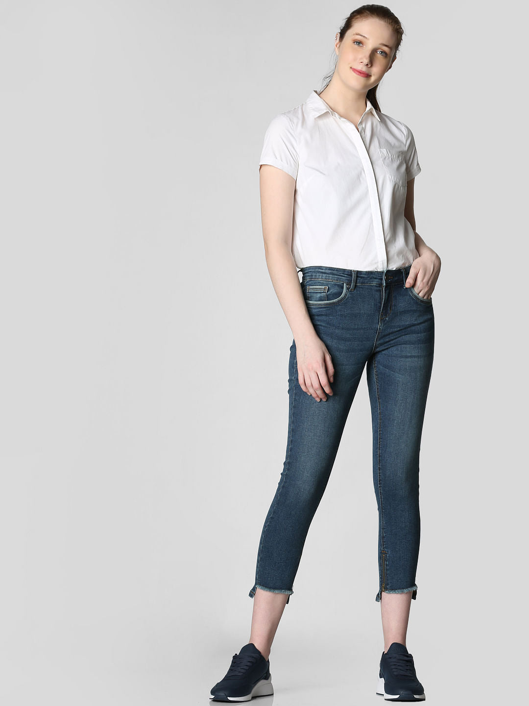 Blue Mid Rise Frayed Hem Skinny Jeans