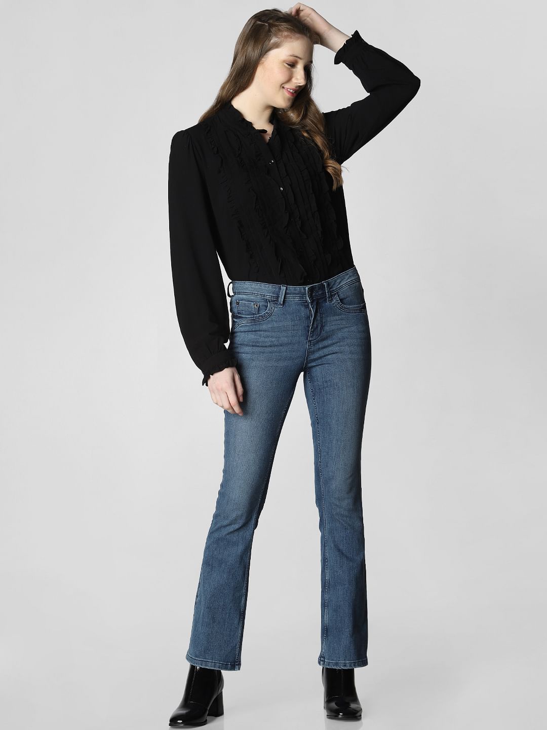 Blue Mid Rise Boot Cut Jeans