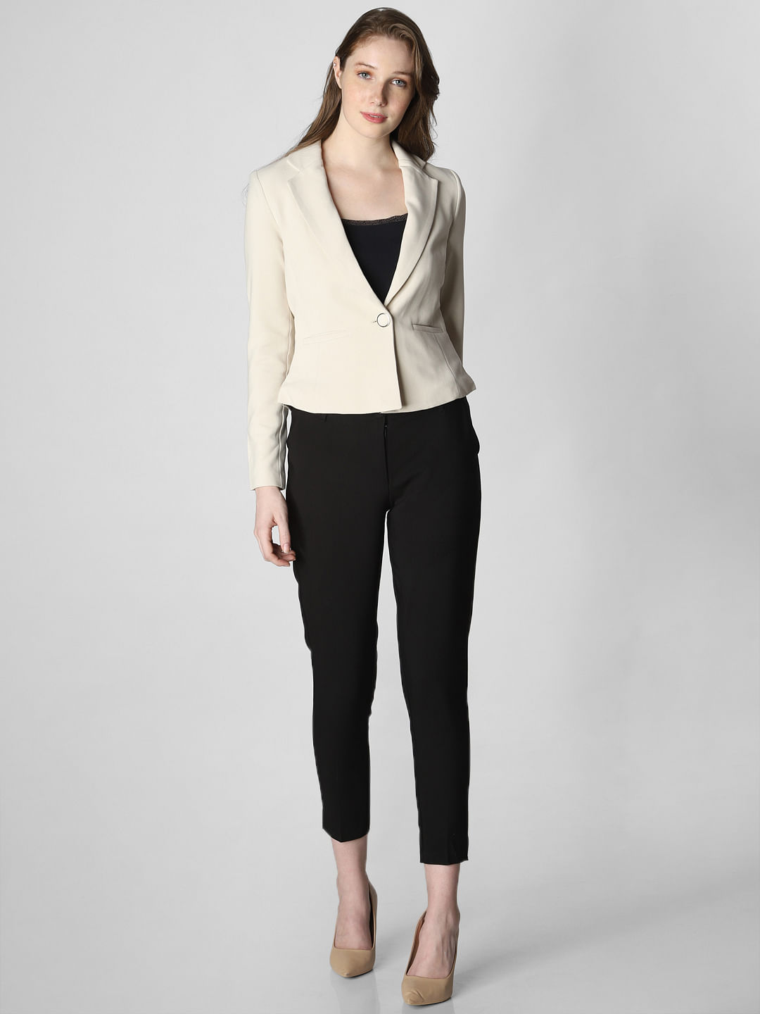 Beige Single Button Formal Blazer