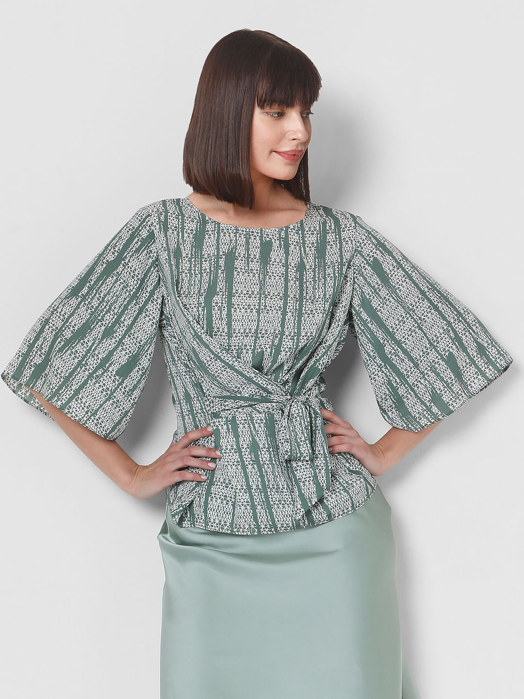 Green Geometric Print Wrap Top