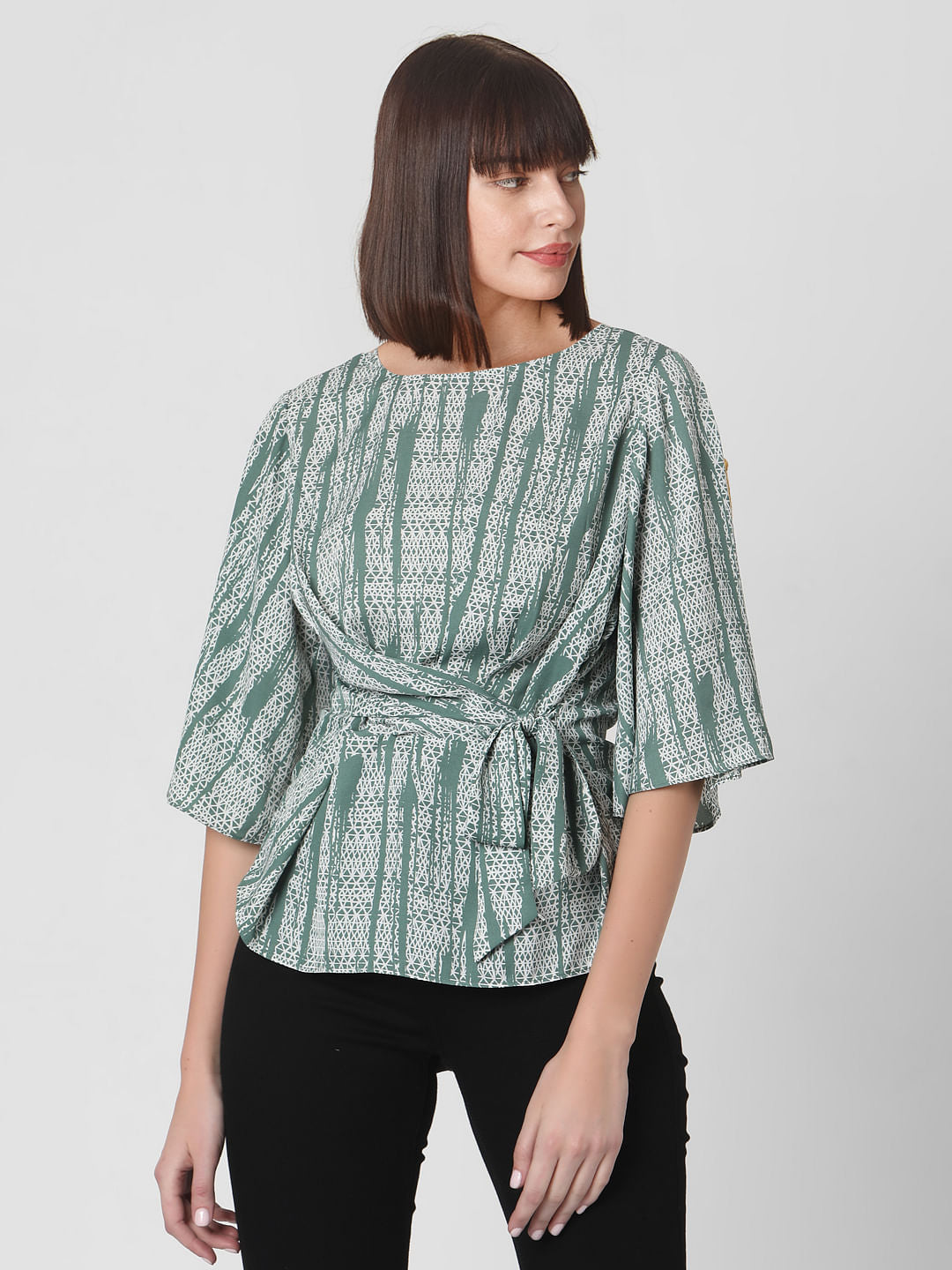 Green Geometric Print Wrap Top