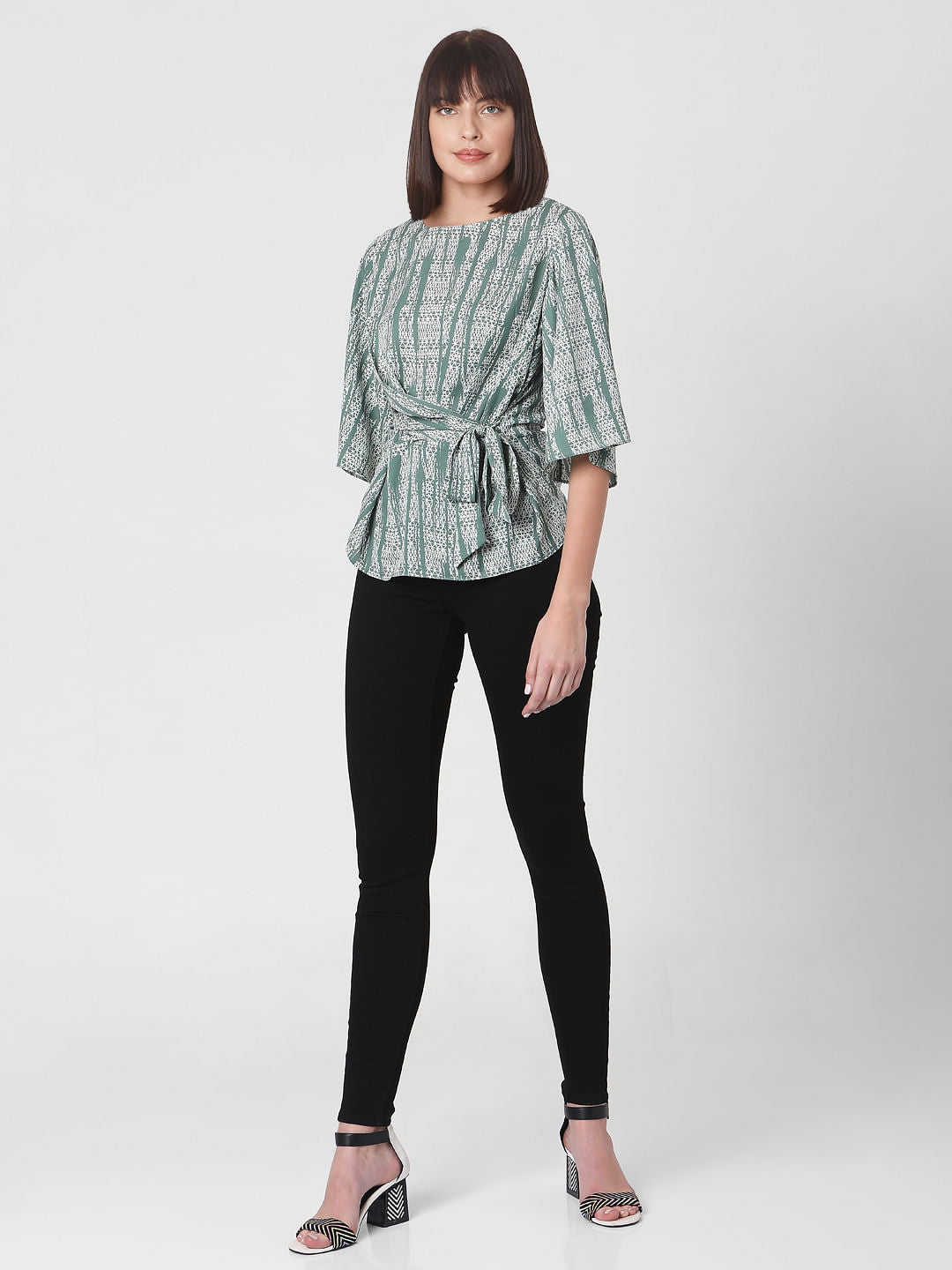 Green Geometric Print Wrap Top