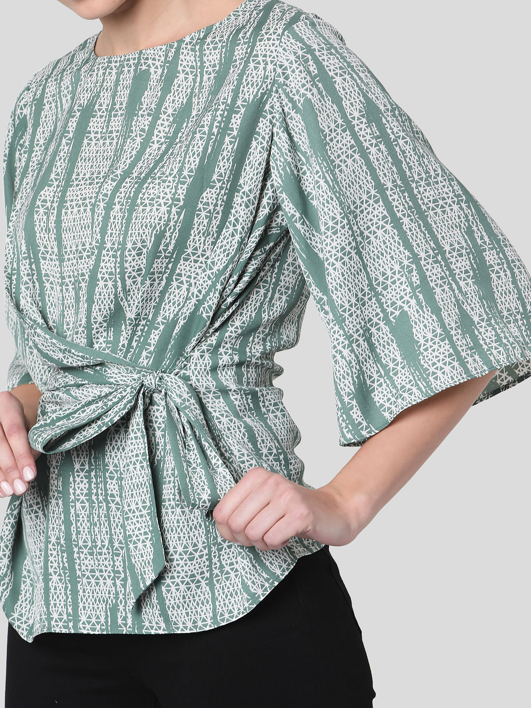 Green Geometric Print Wrap Top