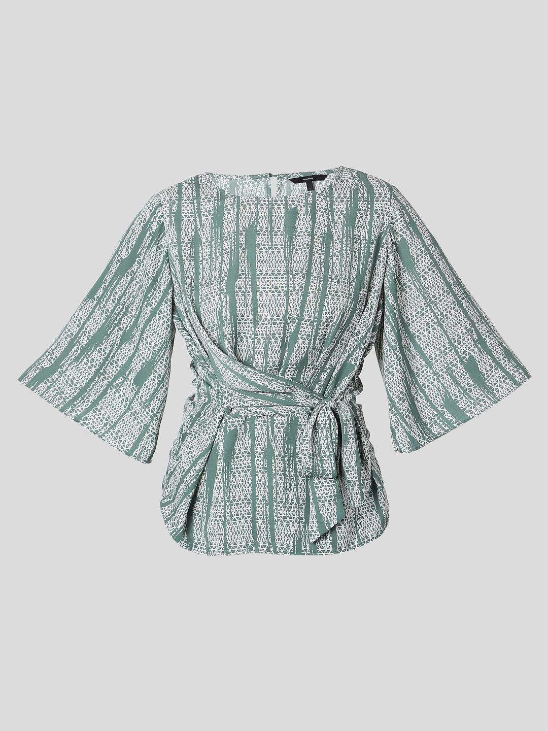 Green Geometric Print Wrap Top