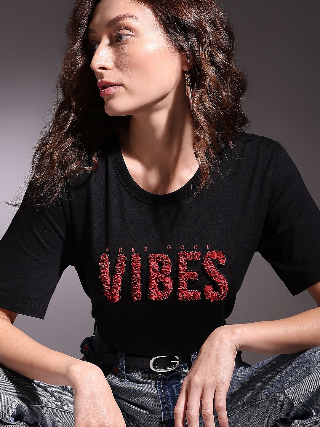 Black Textured Embroidery T-Shirt