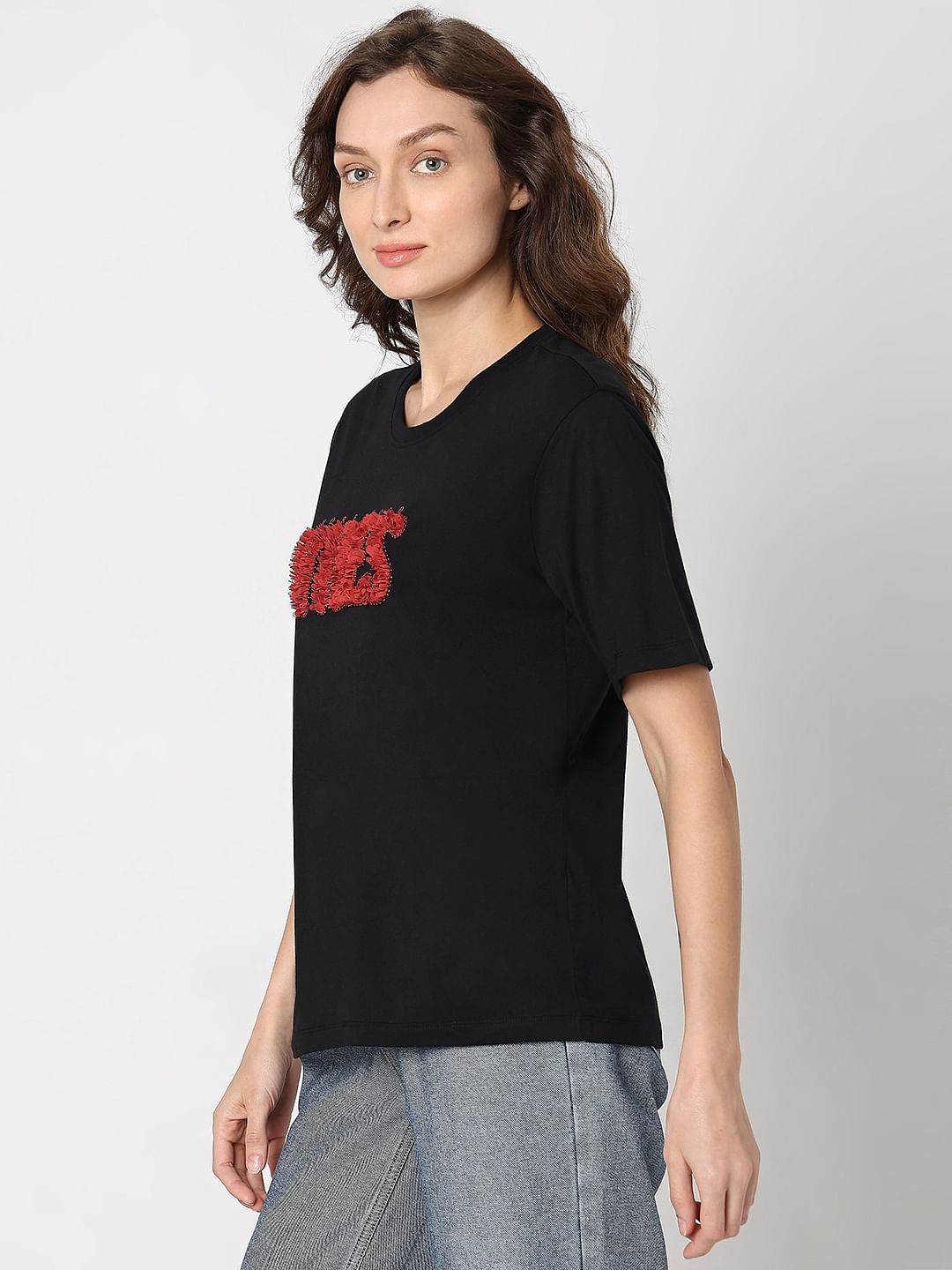Black Textured Embroidery T-Shirt