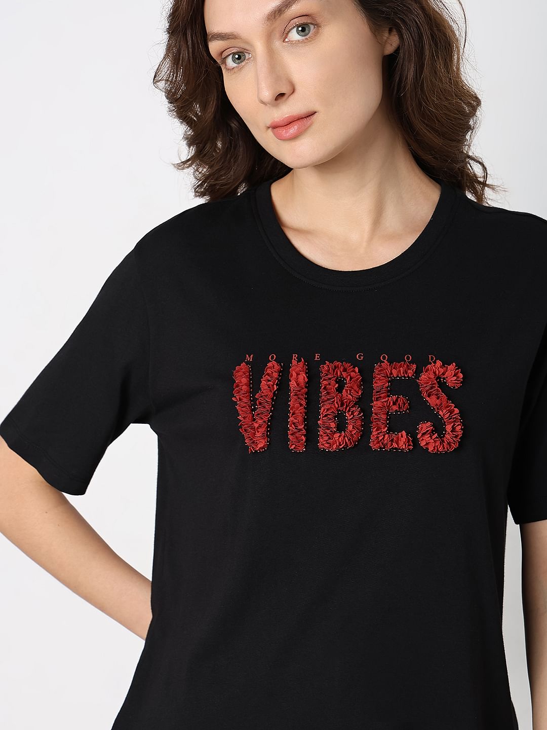 Black Textured Embroidery T-Shirt
