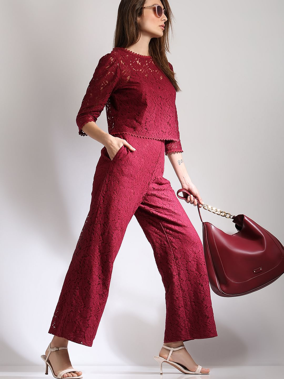 Maroon High Rise Lace Co-Ord Set Pants