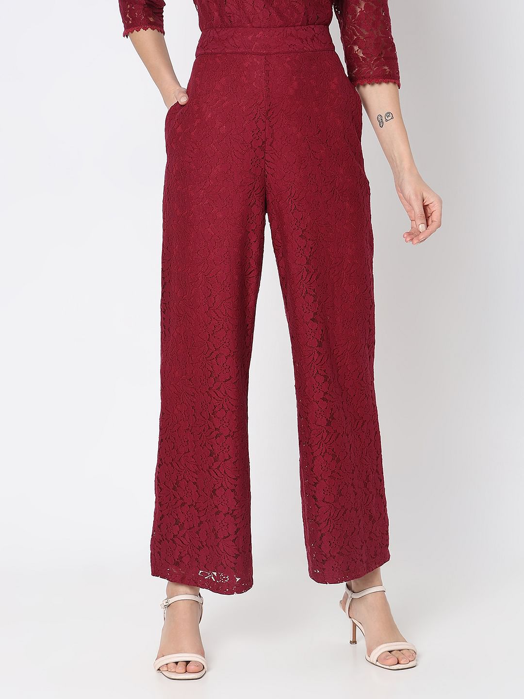 Maroon High Rise Lace Co-Ord Set Pants