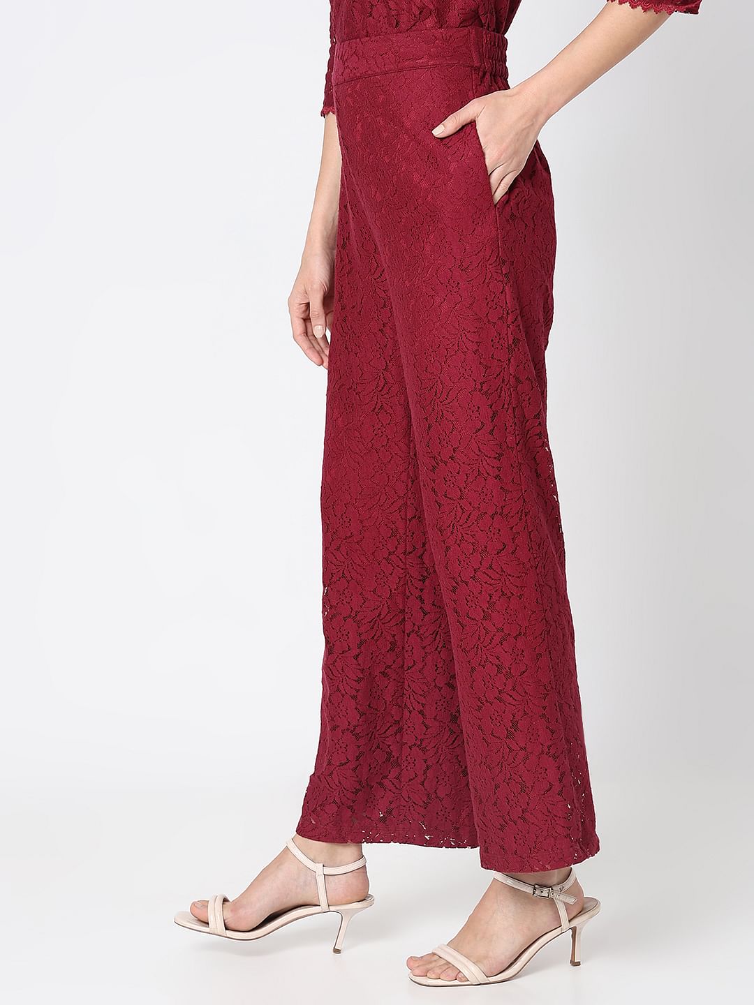 Maroon High Rise Lace Co-Ord Set Pants