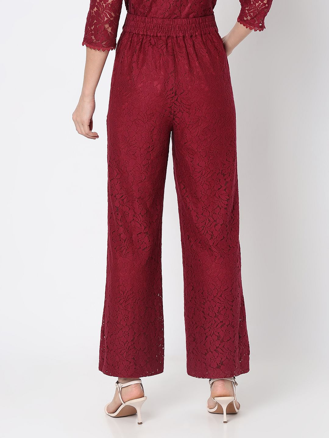 Maroon High Rise Lace Co-Ord Set Pants