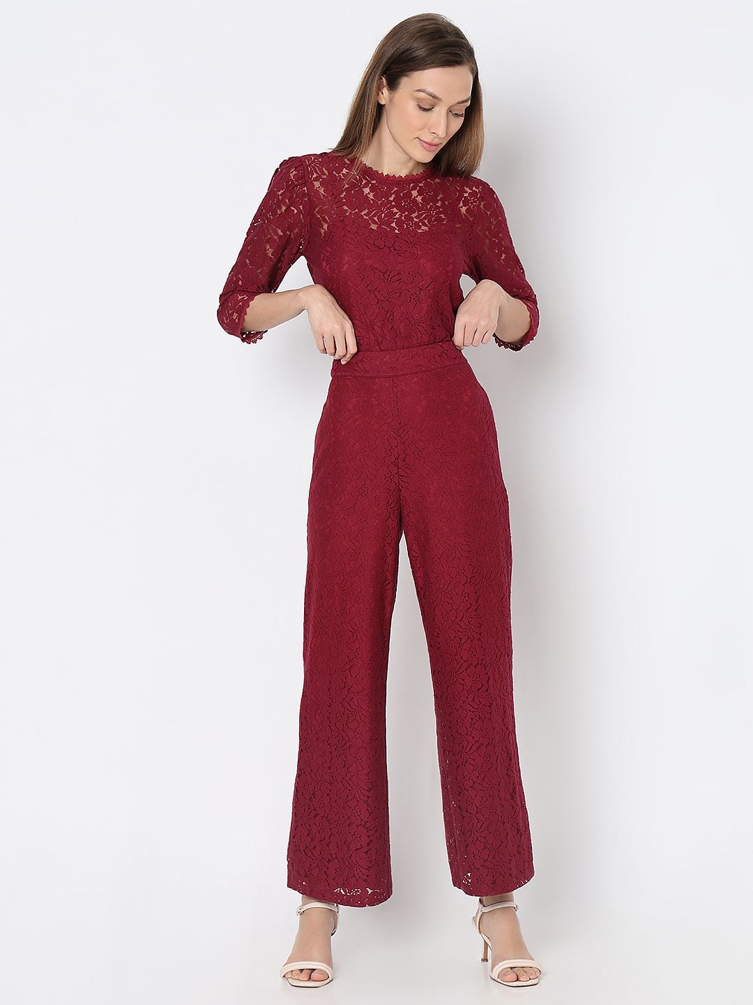 Maroon High Rise Lace Co-Ord Set Pants