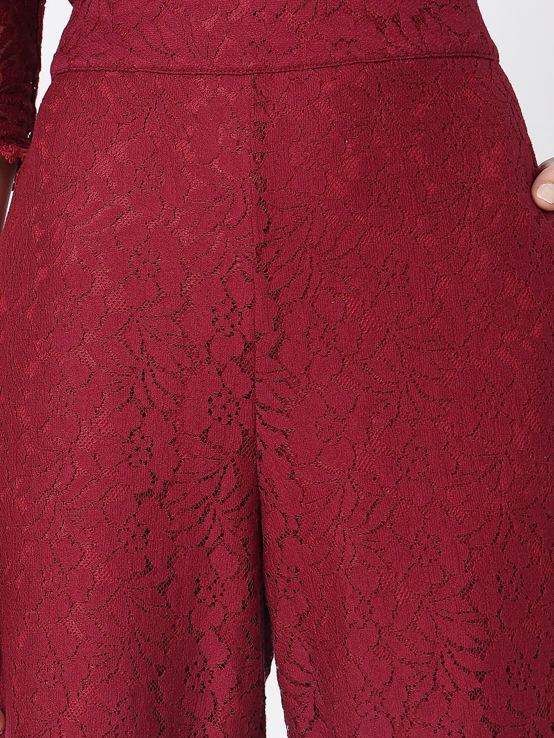 Maroon High Rise Lace Co-Ord Set Pants